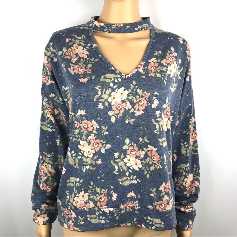 Threads Studio Sweater Choker Collar Navy Floral L